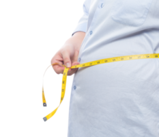 Fat man holding a measurement tape for check out his body, Png file