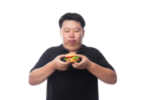 joven asiático gordo divertido con hamburguesa, archivo png
