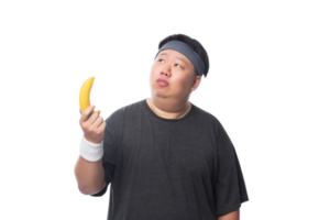 giovane uomo sportivo grasso divertente asiatico con banane, file png
