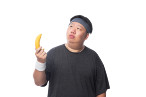 Young Asian funny fat sport man with bananas, Png file