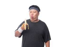 joven asiático gracioso gordo deportista con plátanos, archivo png