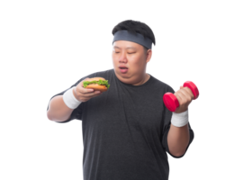 giovane uomo sportivo grasso divertente asiatico che tiene hamburger e manubrio, file png