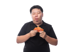 jeune drôle gros homme asiatique avec pizza, fichier png