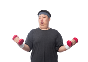 Young Asian fat man is exercising with his dumbbell, Png file