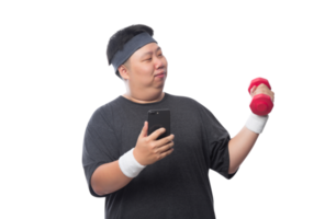 ung asiatisk fet sportman som använder smartphone, png-fil png