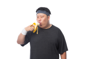 joven asiático gracioso gordo deportista con plátanos, archivo png