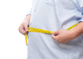 Fat man holding a measurement tape for check out his body, Png file