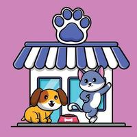 ilustración de icono de vector de dibujos animados de perro y gato de tienda de mascotas. concepto de dibujos animados plana animal