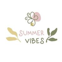 Doodle print with butterfly and text SUMMER VIBES. vector