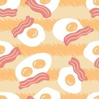 Roasted bacon slices and fried eggs on striped background seamless pattern. vector