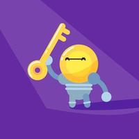 Happy Bulb Robot Holding Golden Key Flat Design Vector Illustration