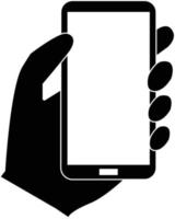 icono de teléfono en mano sobre fondo blanco. estilo plano icono de teléfono inteligente negro de mano para el diseño de su sitio web, logotipo, aplicación, interfaz de usuario. mano que sostiene el símbolo del teléfono inteligente. mano humana con señal de teléfono. vector