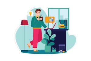 Employee drinking coffee while working from home vector