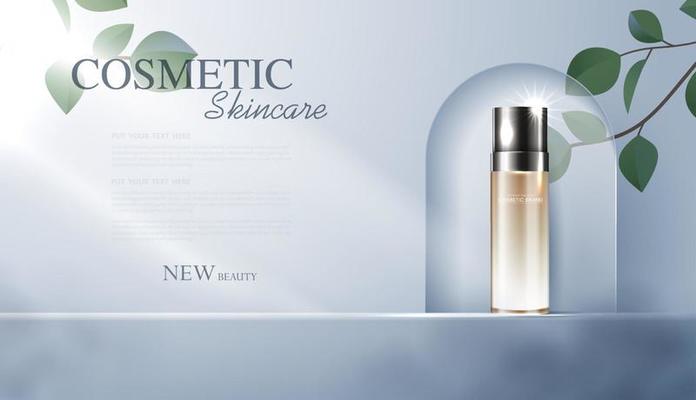 Cosmetics or skin care product ads with bottle, banner ad for beauty products and leaf background glittering light effect. vector design