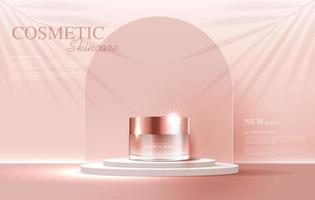Cosmetics or skin care product ads with bottle, banner ad for beauty products and leaf background glittering light effect. vector design