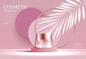 anuncios de cosméticos o productos para el cuidado de la piel con botella, anuncio de pancarta para productos de belleza, efecto de luz brillante de fondo rosa y hoja. diseño vectorial vector