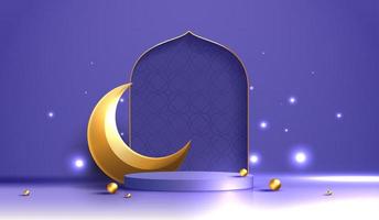 Islam theme product or cosmetic display purple background. mosque portal frame with podium and blank space. studio stage with golden crescent moon. vector design