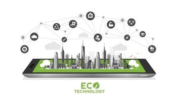 tecnología ecológica con teléfono móvil o concepto ambiental ciudad verde moderna. estilo de vida urbano ecológico con iconos a través de la conexión de red. diseño vectorial vector