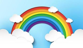 Paper rainbow colours rainbow are red, orange, yellow, green, blue, indigo and violet with clouds on white background. vector design
