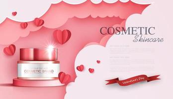 anuncios de cosméticos o productos para el cuidado de la piel con botella, anuncios publicitarios para productos de belleza con arte de papel del amor y día de san valentín con corazón de papel y nube. diseño vectorial vector