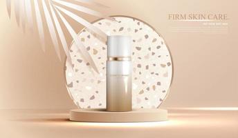Cosmetics or skin care product ads with bottle, banner ad for beauty products , brown and leaf background glittering light effect. vector design