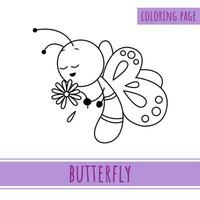 página para colorear de una linda mariposa sosteniendo una flor. adecuado para actividades infantiles vector