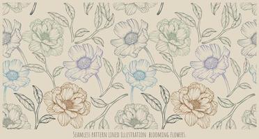 Seamless pattern Hand drawn lined illustration  blooming flowers 2 vector