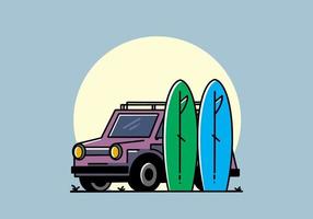 ilustración de coche pequeño y dos tablas de surf vector