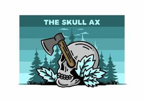 an ax stuck in the skull illustration design vector