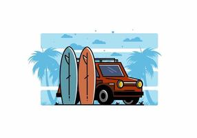 ilustración de coche pequeño y dos tablas de surf vector