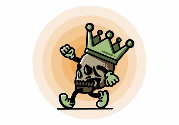 Walking skull illustration wearing a big crown