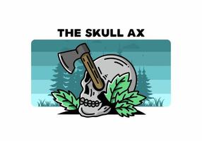 an ax stuck in the skull illustration design vector