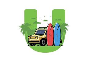 ilustración de coche pequeño y dos tablas de surf vector