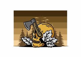 an ax stuck in the skull illustration design vector