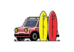 ilustración de coche pequeño y dos tablas de surf vector