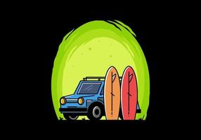 ilustración de coche pequeño y dos tablas de surf vector