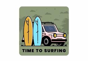 ilustración de coche pequeño y dos tablas de surf vector