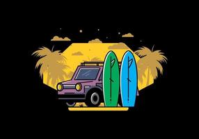 ilustración de coche pequeño y dos tablas de surf vector