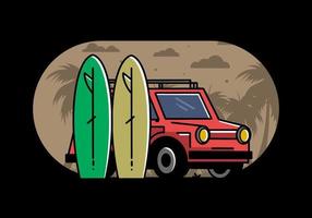 ilustración de coche pequeño y dos tablas de surf vector