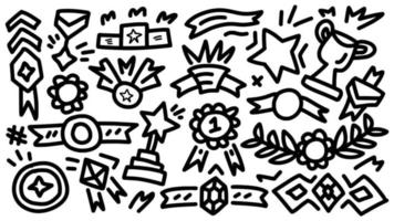 emblema y premio de insignia o conjunto de iconos de logro dibujado a mano doodle contorno vector plantilla ilustración colección para educación y libro de colorear