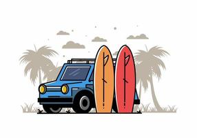 ilustración de coche pequeño y dos tablas de surf vector