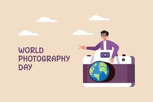 Happy boy gesture with peace hand in camera. World photography day concept. Flat vector illustration isolated.