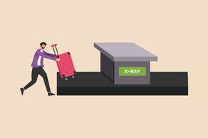 Businessman putting and scanning his luggage at airport security checkpoint. Airport activity concept. Flat vector illustration isolated.