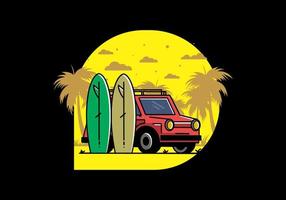 ilustración de coche pequeño y dos tablas de surf vector