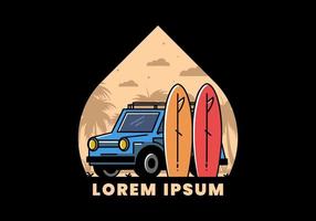 Small car and two surfboards illustration vector