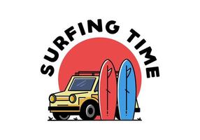 ilustración de coche pequeño y dos tablas de surf vector