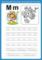 Alphabet Letter M with cartoon vocabulary for coloring book illustration, vector