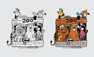 Illustration of isolated colorful and black and white zoo for coloring book vector