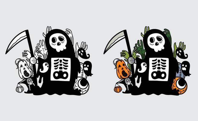 Illustration of isolated colorful and black and white ghost for coloring book