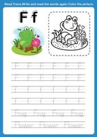 Alphabet Letter F with cartoon vocabulary for coloring book illustration, vector